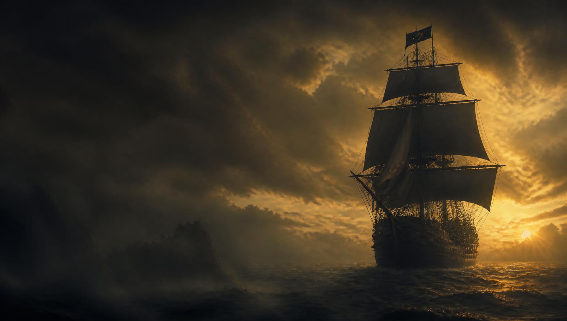 A tall pirate ship sailing into a golden storm on the open sea